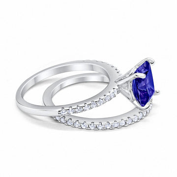 Two Piece Engagement Ring Asscher Cut Simulated Blue Sapphire CZ 925 Sterling Silver